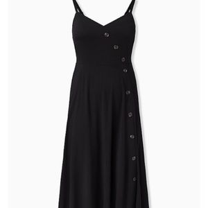 BLACK CHALLIS ASYMMETRICAL BUTTON FRONT MIDI DRESS
